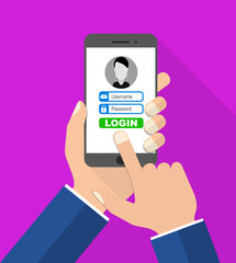 flat design vector illustration smartphone with hands - login