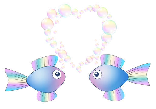 Two cute little fish in love with heart shaped bubbles above them - isolated vector illustration on white background.