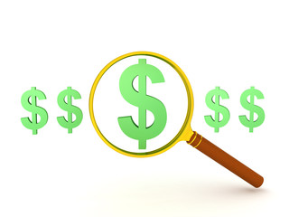 3D illustration of a dollar symbol singled out and magnifyied