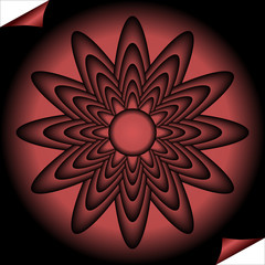 Red fractal inspired flower in circle shape on black background, optical art style