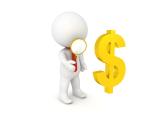 3D Character inspecting with a magnifying glass a golden dollar sign