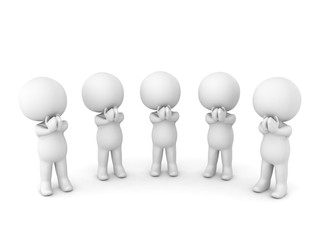 3D Five 3D Characters holding hands and praying. This image can be used in any religious context..