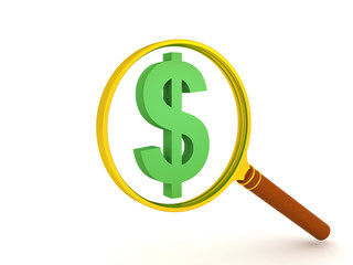 3D illustration of a dollar symbol under a magnifying glass