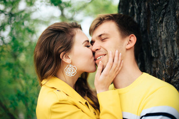 Romantic happy loving couple on nature in spring