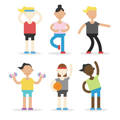 Woman sport activity with a lot of variation and cartoon style
