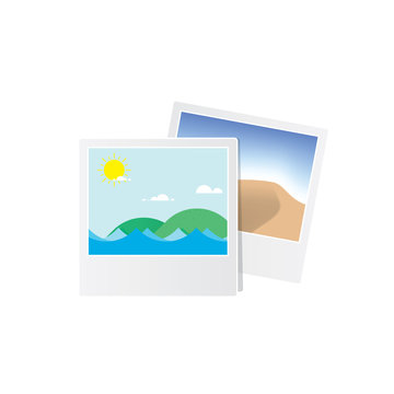 Photos Of The Sea And Desert Mountains, Symbols Of The Past, Memories, And Travel.illustration Vector. Travel Concept.