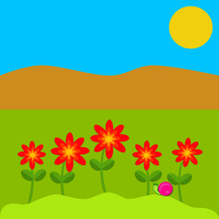 Red flowers with mountains and sky and sun
