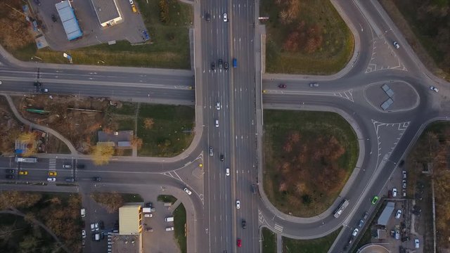 sunset moscow cityscape traffic road junction aerial panorama 4k russia
