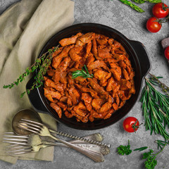 Pan with meat goulash stroganoff