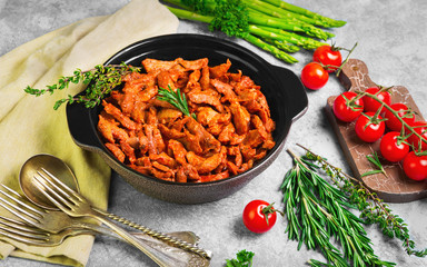 Pan with meat goulash stroganoff