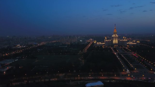 twilight night moscow state university sparrow hills aerial panorama 4k russia
