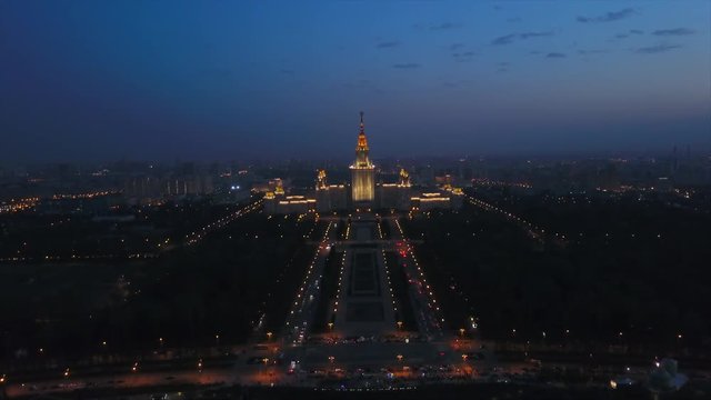 night light moscow state university sparrow hills aerial panorama 4k russia
