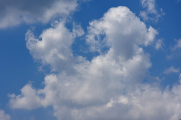 Fototapeta na wymiar 青空と不思議なかたちの雲「空想・雲のモンスター（顔を出すワンちゃん（犬）たちのイメージ）」愛嬌、仲良く、幸福、希望、家族、兄弟などのイメージ・雲の下などに文字スペース