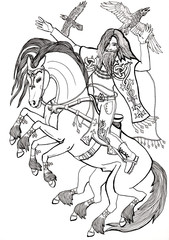 Hand drawn illustration of Odin on roaring horse Sleipnir and ravens black and white 