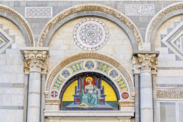 Mosaic by Giuseppe Modena da Lucca of the Saint Reparata, lunette above left door of the Cathedral (Duomo) in Pisa, Tuscany, Italy