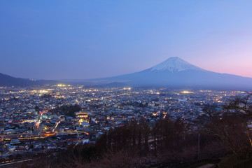 Beautiful scenery during twilight time of Arakurayama Sengen Park Mountain Fuji view point at Fujiyoshida in Japan.This is a very popular for photographers and tourists. Travel and Attraction Concept.