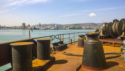 Mooring bollard on the decks of an industrial seaport. © eleonimages