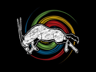 Oryx jumping to attack with long horn on spin wheel background graphic vector
