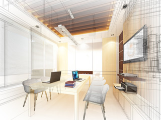sketch design of study room ,3dwire frame render