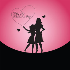 Happy Mothers Day with Mother and child silhouette on pink background.
