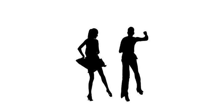 Pair silhouette professional dancing rumba on white background, alpha channel