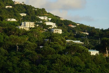 Fototapeta na wymiar Evening view of buildings in Prince Ruperts Cove, St. Thomas, USVI.