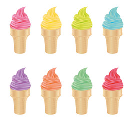 Set of colorful ice cream on a cone