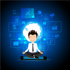 Young man in suit and tie standing with his face to camera meditating. on smartphone    Concept of business planning.