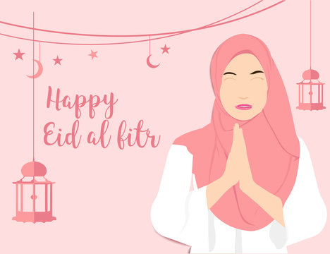 Muslim girl giving the celebration of Happy Eid Al Fitr vector illustrator