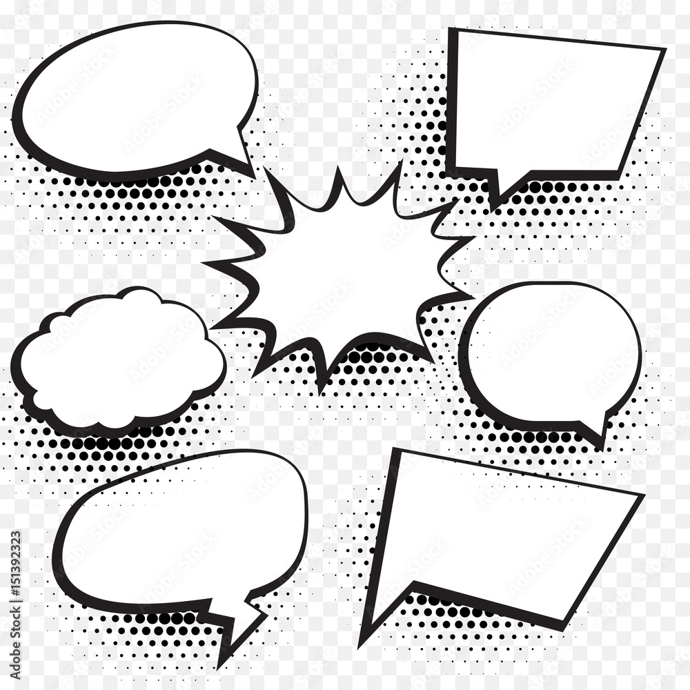 Wall mural empty comic chat bubble and element background set with halftone effect