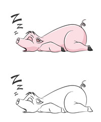 Illustration of a cute pig, painted and contour