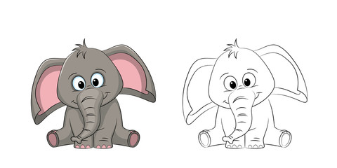 Illustration of a cute elephant, painted and contour