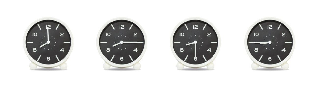 Closeup group of black and white clock with shadow for decorate show the time in 8 , 8:15 , 8:30 , 8:45 a.m. isolated on white background , beautiful 4 clock picture in different time