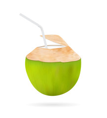 A real 3d coconut water drink with white plastic tube