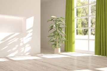 Fototapeta premium White empty room with green landscape in window. Scandinavian interior design. 3D illustration