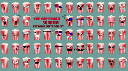 Emoji popcorn 58 icons set, Flat Icon cartoon, Show many face popcorn of emotion to watching movie theater, vector illustrator.