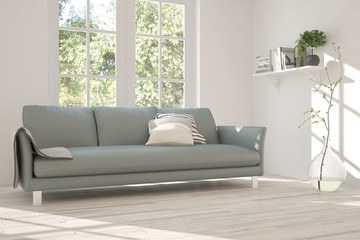 White room with sofa and green landscape in window. Scandinavian interior design. 3D illustration