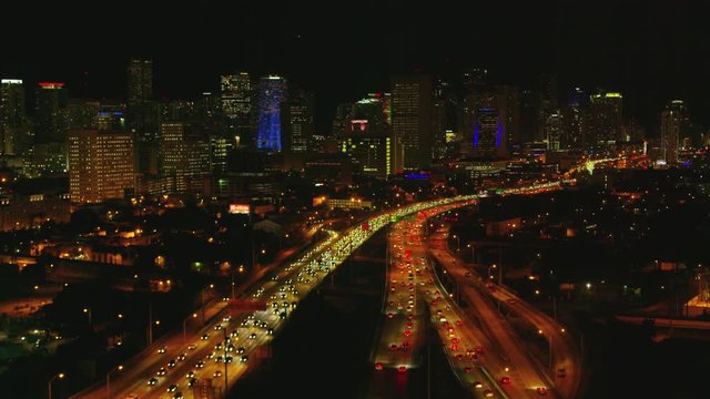 Aerial night view of freeways leading to downtown Miami