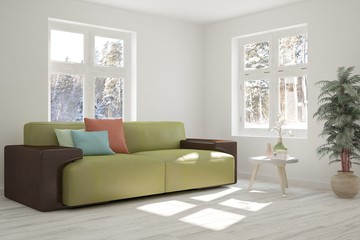 Fototapeta na wymiar White room with sofa and winter landscape in window. Scandinavian interior design. 3D illustration