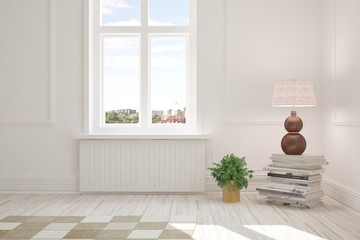 White room with lamp and urban landscape in window. Scandinavian interior design. 3D illustration