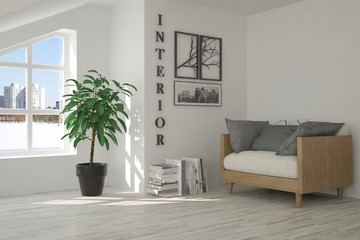 White room with armchair and urban landscape in window. Scandinavian interior design. 3D illustration