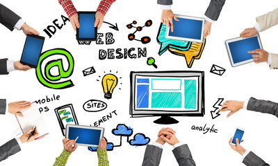 Top view of businesspeople sitting at table and using gadgets