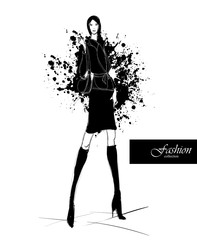 Fashion girl in sketch-style. Vector illustration with blots and splashes.