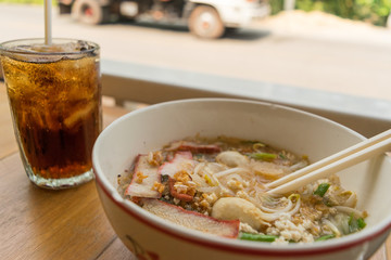 noodles and beverage on market street in my travel
