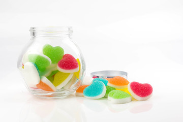 Heart candies coated with sugar, heart colorful sweet candies, sugar heart shaped candy