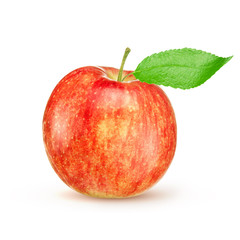 Red yellow apple with green leaf isolated on white background