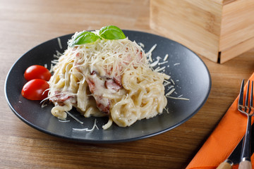 Delicious pasta with mushrooms and bacon