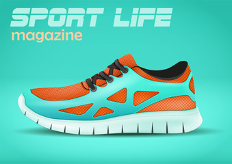 Sporting sneakers on azure background. Advertising poster in trendy color. For any design. Vector Illustration.