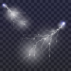 Realistic vector lightning on checkered background. Bright, electric lightning.
