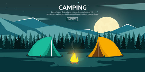 Summer camp. Night Camping. Campfire. Pine forest and rocky mountains. Starry night and moonlight. Nature landscape.